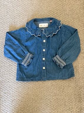 Zara Kids Blue Denim Ruffle Collar shirt